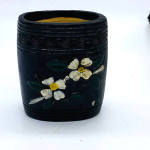 Vintage Black w/Hand Painted Dogwood Toothpick Holder 2.5 in. Tall